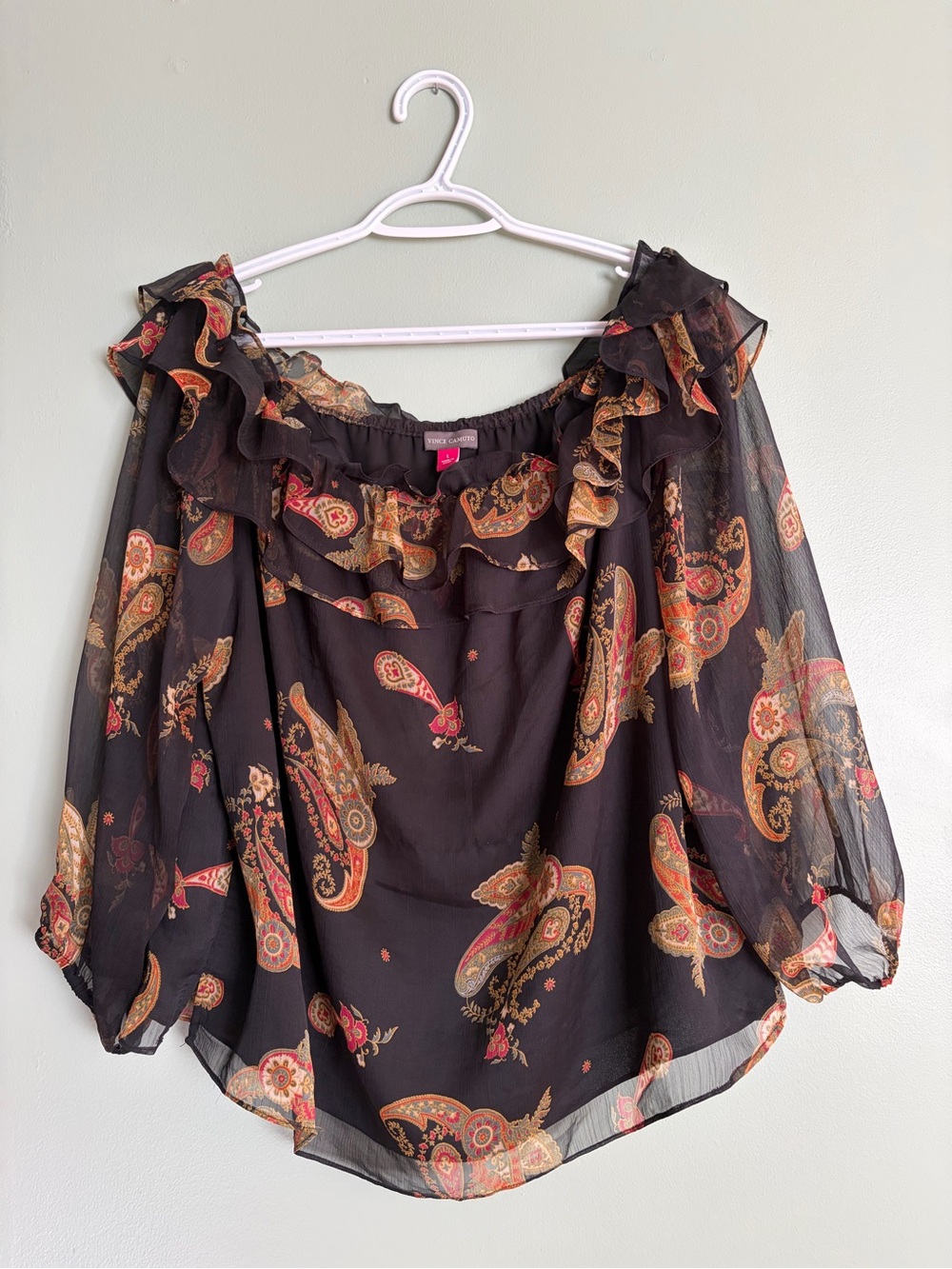 VinceCamuto Paisley Blouse L Off The Shoulder Ruffle Chiffon Top Sheer Whimsigot